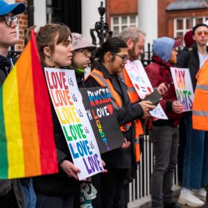 LONDON, ENGLAND - Queer Power Chechen Protest: outside Russian Emabassy In London Jan 2th 2019. QUEER POWER PROTEST against Chechnyan murders this Holocaust Memorial Day Holocaust Memorial Day. Pride In London is the UK’s biggest, most diverse Pride which provides a platform for every part of London’s LGBT+ community (lesbian, gay, bisexual, trans*, queer, questioning, intersex, non-binary, asexual, polysexual, genderqueer and gender variant people) to raise awareness of LGBT+ issues and campaign for the freedoms that will allow them to live their lives on a genuinely equal footing on Jan 27th, 2019 in London, England. (Photo by John Banyard/Pride In London)