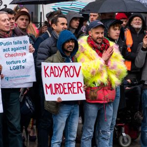 LONDON, ENGLAND - Queer Power Chechen Protest: outside Russian Emabassy In London Jan 2th 2019. QUEER POWER PROTEST against Chechnyan murders this Holocaust Memorial Day Holocaust Memorial Day. Pride In London is the UK’s biggest, most diverse Pride which provides a platform for every part of London’s LGBT+ community (lesbian, gay, bisexual, trans*, queer, questioning, intersex, non-binary, asexual, polysexual, genderqueer and gender variant people) to raise awareness of LGBT+ issues and campaign for the freedoms that will allow them to live their lives on a genuinely equal footing on Jan 27th, 2019 in London, England. (Photo by John Banyard/Pride In London)